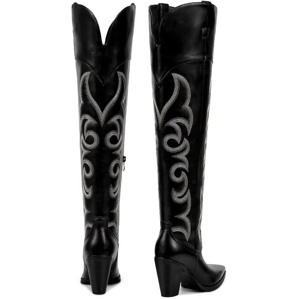 Women Over Knee Black Faux Leather Pull On Tab Chunky Heel Pointed Toe Boots